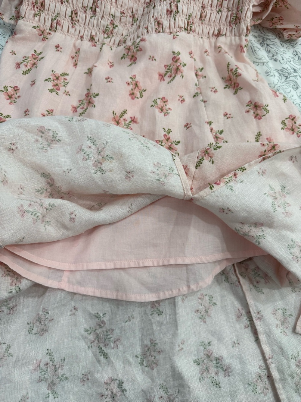 & Other Stories light pink floral linen smocked puff sleeve side slit dress - Picture 7 of 15